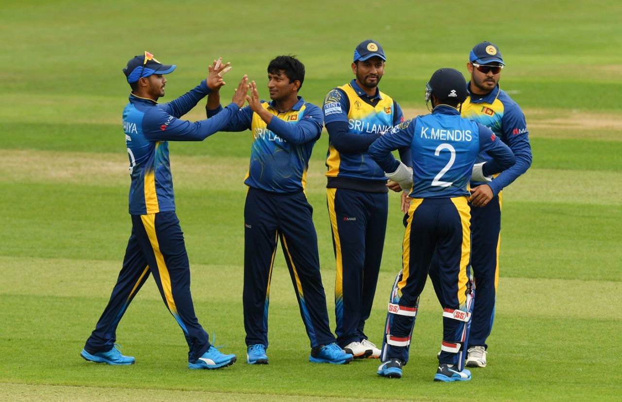 Jeevan Mendis is congratulated by his team-mates, South Africa v Sri Lanka, warm-up match, World Cup 2019, Cardiff, May 24, 2019
