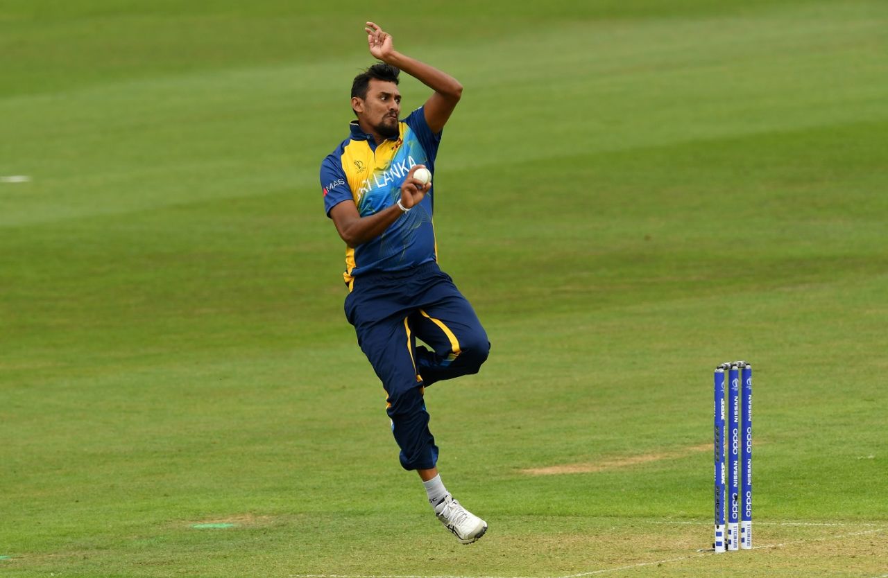 Suranga Lakmal in his delivery stride, South Africa v Sri Lanka, warm-up match, World Cup 2019, Cardiff, May 24, 2019