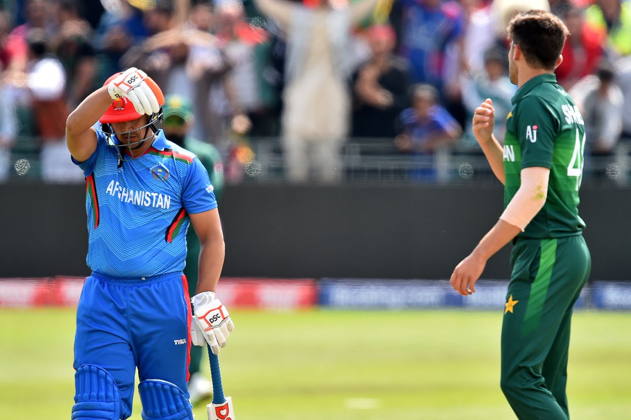 Hazratullah Zazai waves away Shaheen Afridi in the midst of crunching five boundaries in an over, Afghanistan v Pakistan, ICC World Cup warm-up, Bristol, May 24, 2019