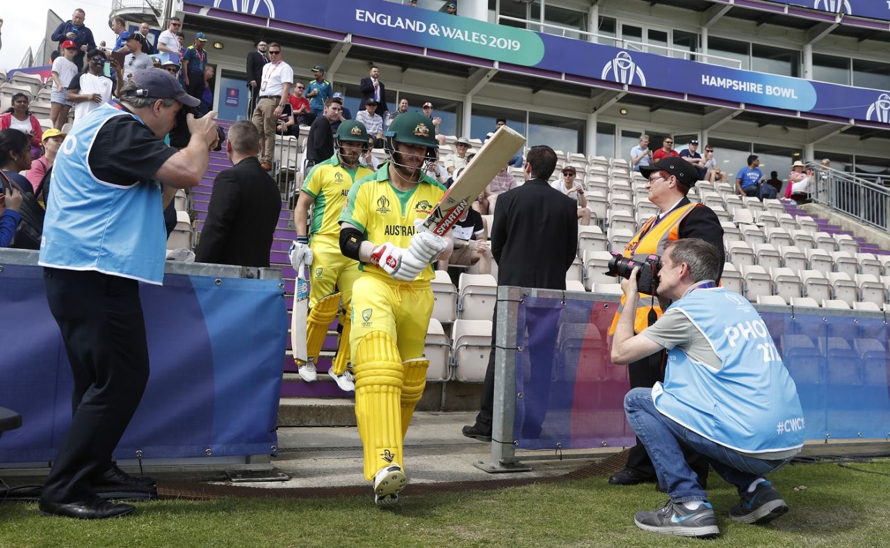 David Warner and Aaron Finch walk out to bat, England v Australia, World Cup 2019 warm-up, Southampton, May 25, 2019