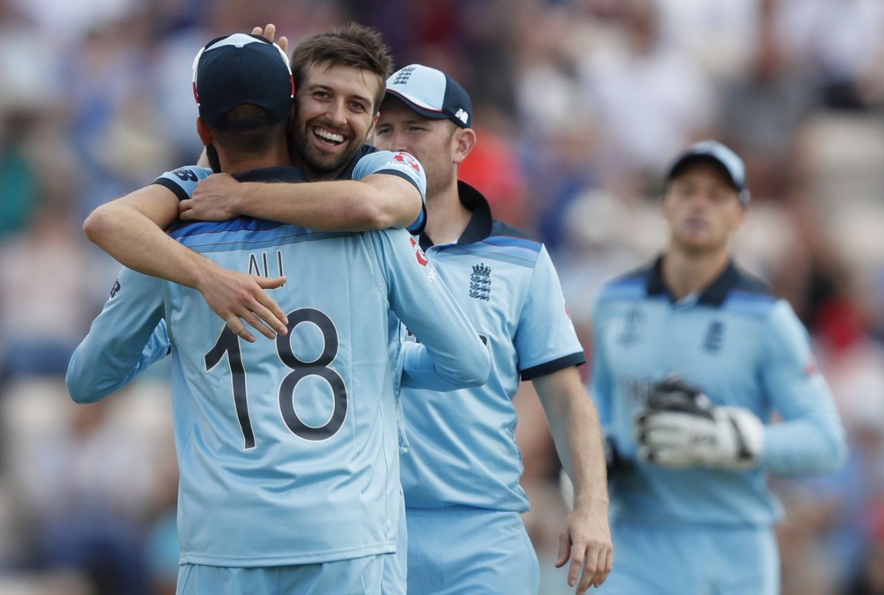 Mark Wood and Moeen Ali celebrate Aaron Finch's dismissal, England v Australia, World Cup 2019 warm-up, Southampton, May 25, 2019