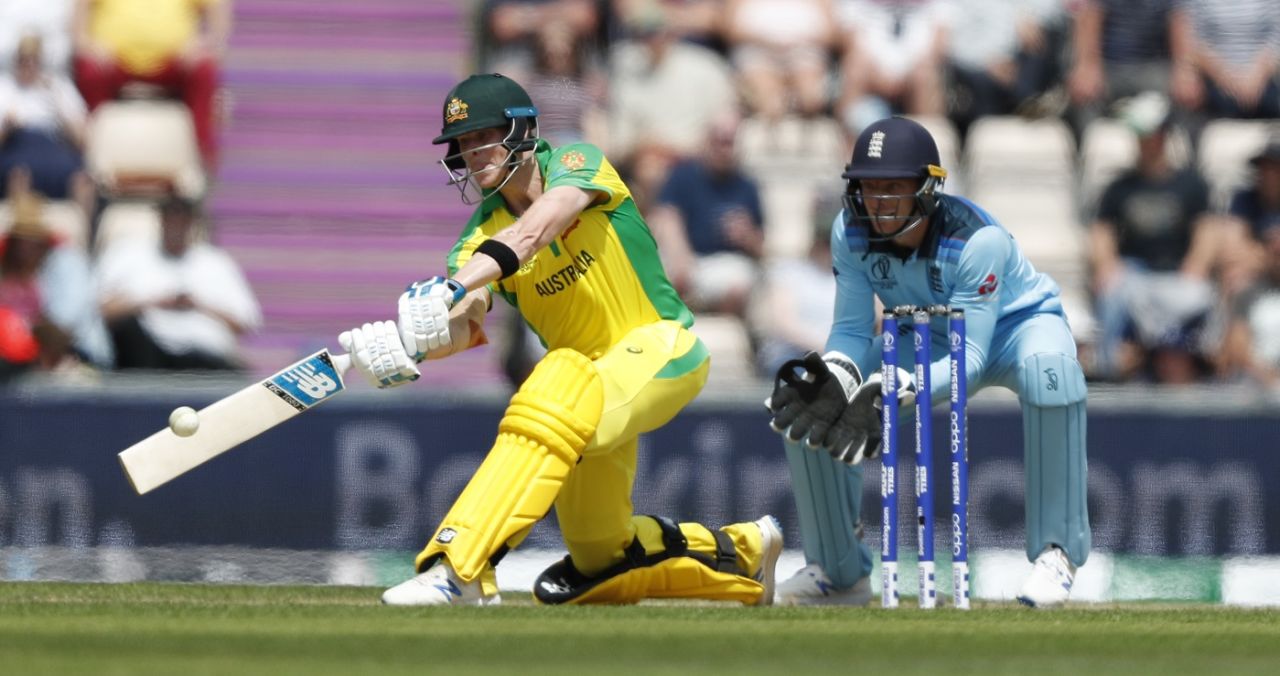 Steven Smith prepares to slog with Jonny Bairstow looking on, England v Australia, World Cup 2019 warm-up, Southampton, May 25, 2019