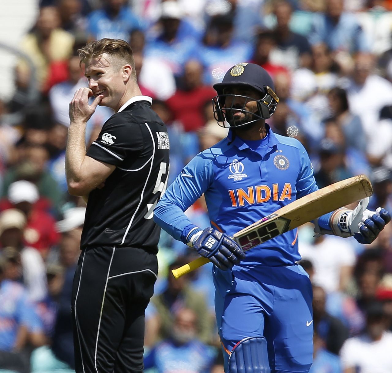 James Neesham is half embarrassed at getting Dinesh Karthik out with a leg-stump half-volley, India vs New Zealand, World Cup 2019, warm-up, The Oval, May 25, 2019