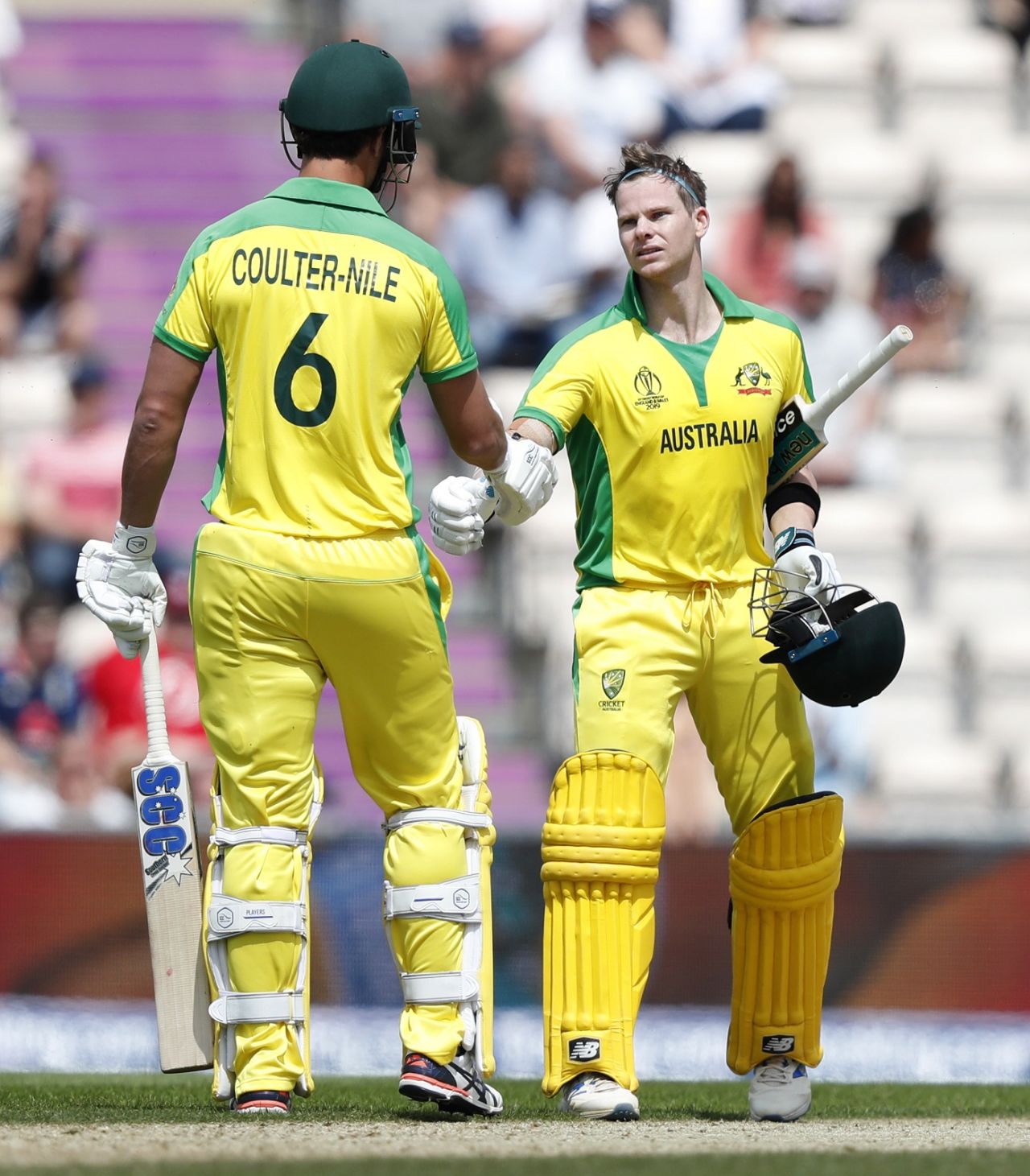 Steven Smith is congratulated by Nathan Coulter-Nile after reaching hundred, England v Australia, World Cup 2019 warm-up, Southampton, May 25, 2019
