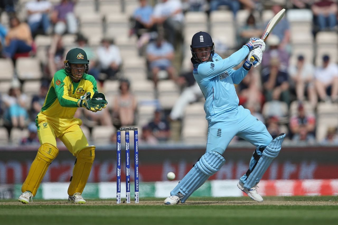 Jason Roy muscles a shot through the offside with Alex Carey looking on, England v Australia, World Cup 2019 warm-up, Southampton, May 25, 2019