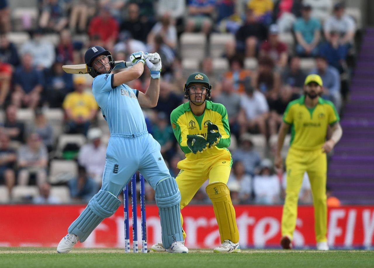 Jos Buttler hammers a six over midwicket, England v Australia, World Cup 2019 warm-up, Southampton, May 25, 2019