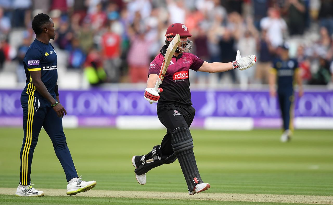 James Hildreth celebrates after hitting the winning runs, Somerset v Hampshire, Royal London Cup final, Lord's, May 25, 2019