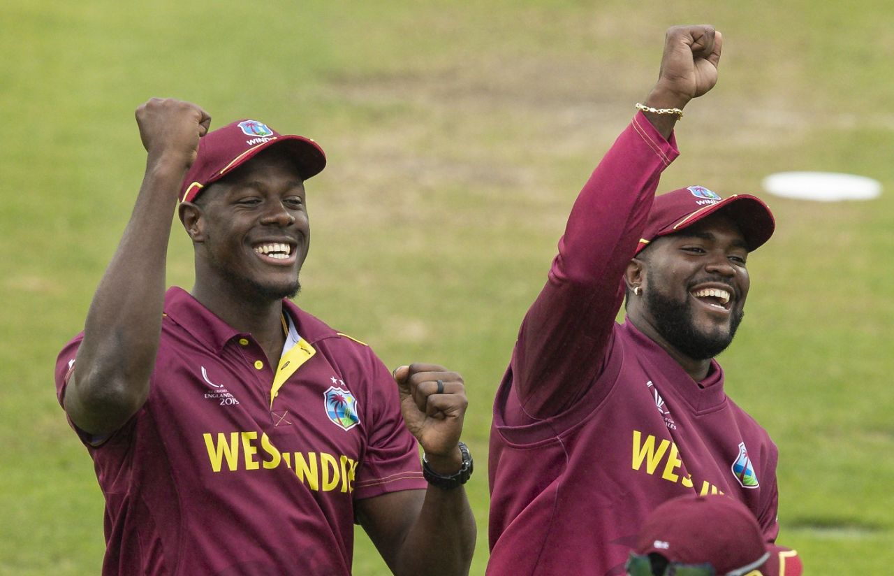 Carlos Brathwaite and Ashley Nurse sing with the crowd during a rain break, South Africa v West Indies, World Cup 2019 warm-up, Bristol, May 26, 2019