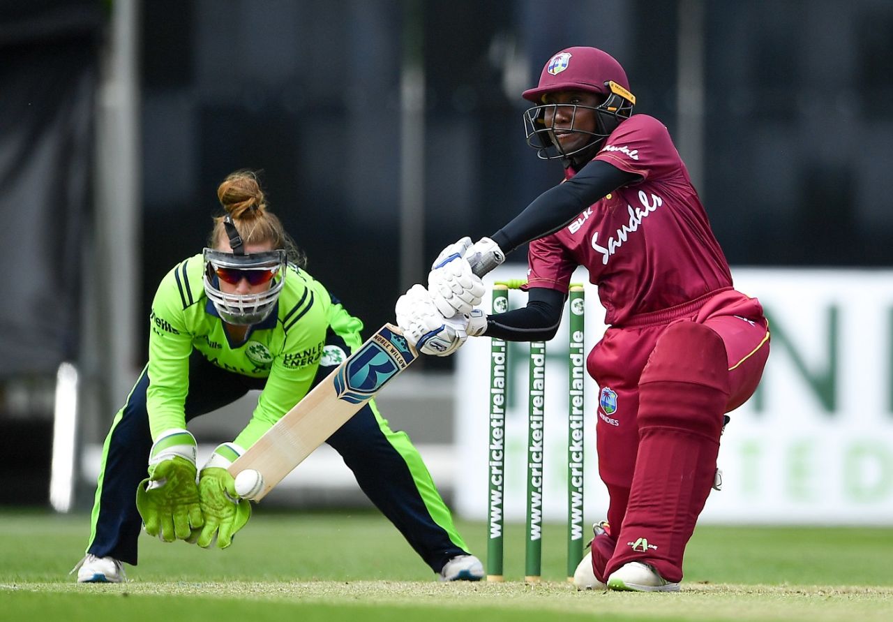 Stafanie Taylor plays through the off side as Mary Waldron looks on, Ireland women v West Indies women, 1st T20I, Dublin, May 26, 2019