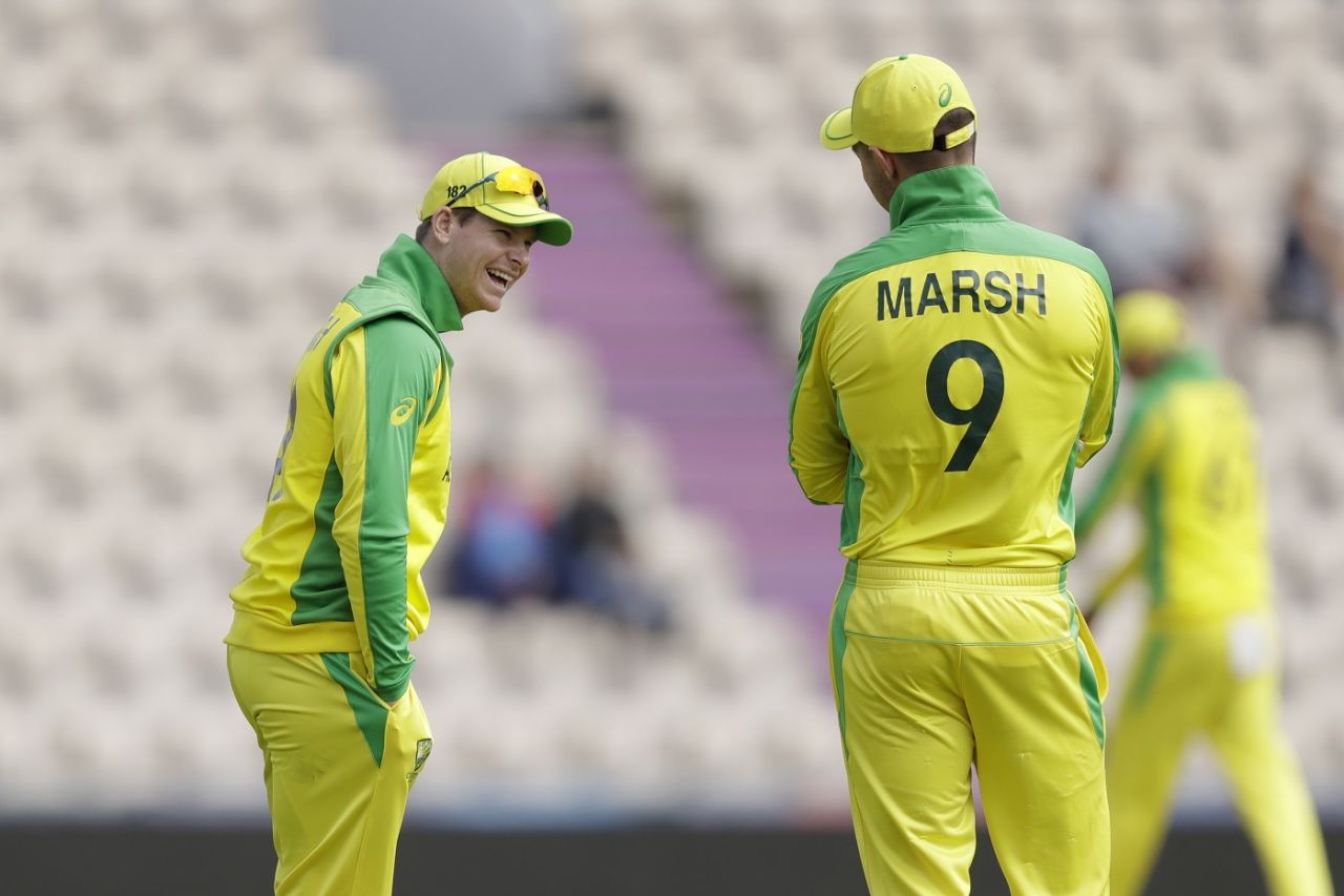 Steven Smith and Shaun Marsh share a moment, Australia v Sri Lanka, World Cup 2019 warm-up, Southampton, May 27, 2019