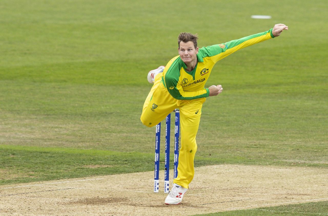 Steven Smith in action with the ball, Australia v Sri Lanka, World Cup 2019 warm-up, Southampton, May 27, 2019