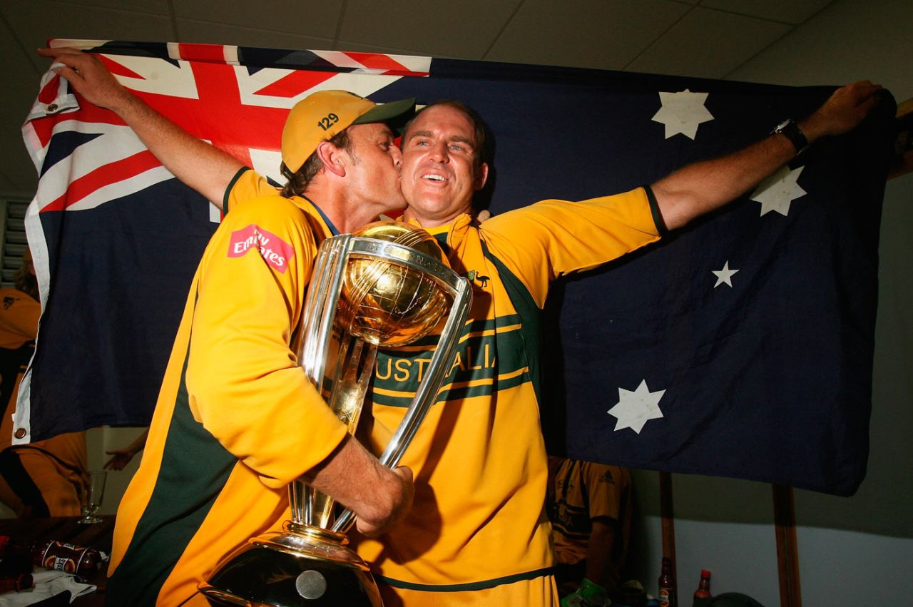 Adam Gilchrist kisses Matthew Hayden , Australia v Sri Lanka, World Cup final, Barbados, April 28, 2007