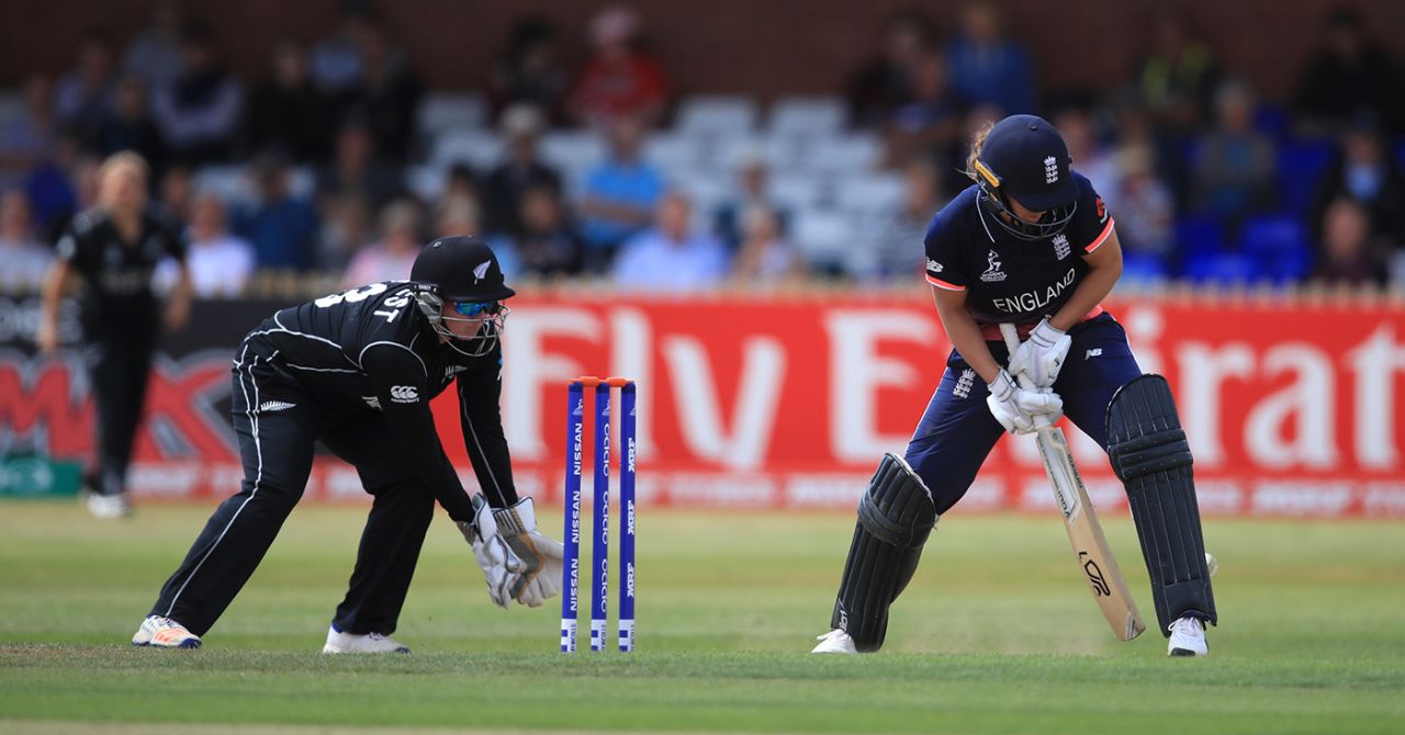 Nat Sciver plays the ball from between her legs, England v New Zealand, Women's World Cup, Derby, July 12, 2017