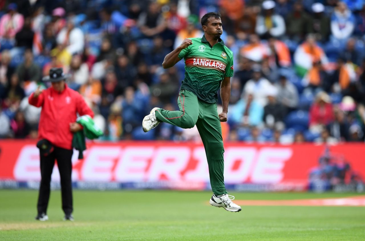 Rubel Hossain celebrates a wicket, Bangladesh v India, World Cup 2019 warm-up, Cardiff, May 28, 2019