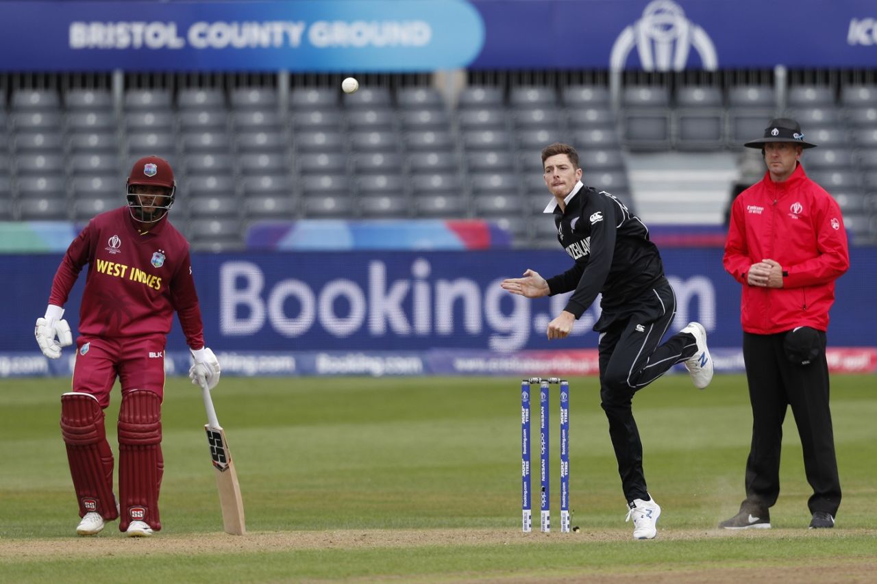 Mitchell Santner tosses the ball up, New Zealand v West Indies, ICC World Cup warm-up, Bristol, May 28, 2019