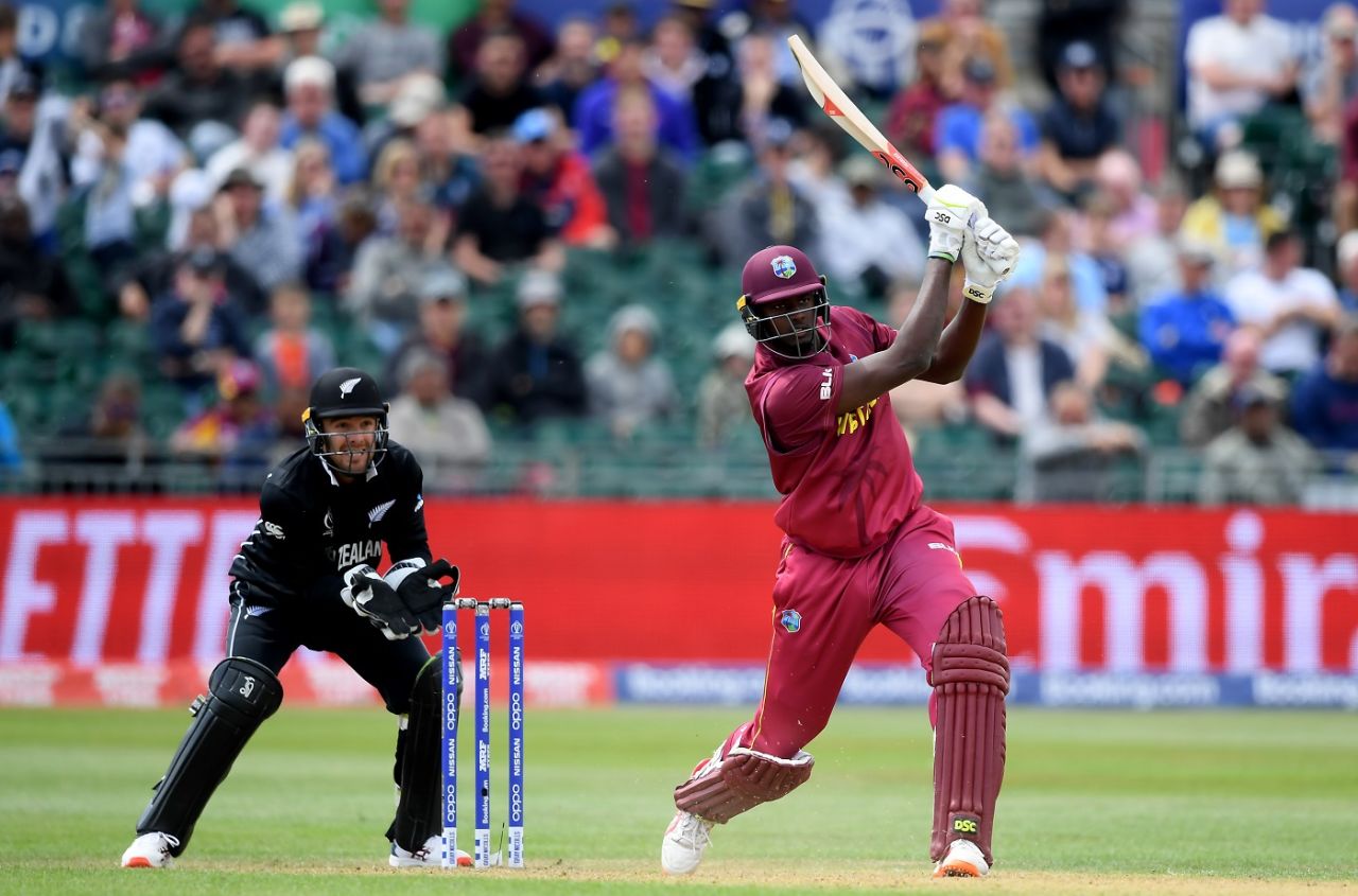Jason Holder launches it down the ground, New Zealand v West Indies, ICC World Cup warm-up, Bristol, May 28, 2019
