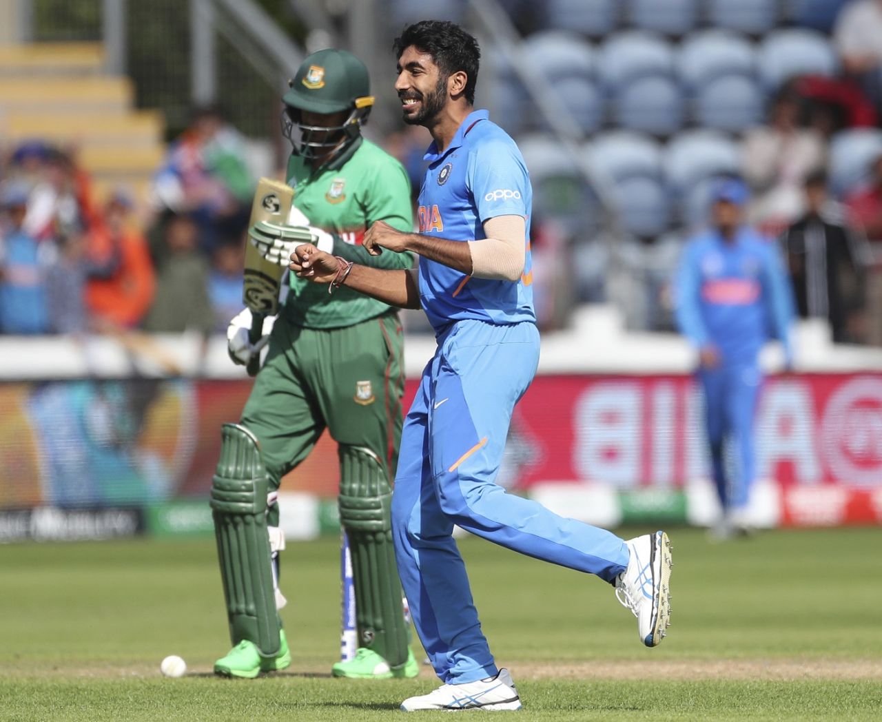 Jasprit Bumrah celebrates a wicket, Bangladesh v India, World Cup 2019 warm-up, Cardiff, May 28, 2019