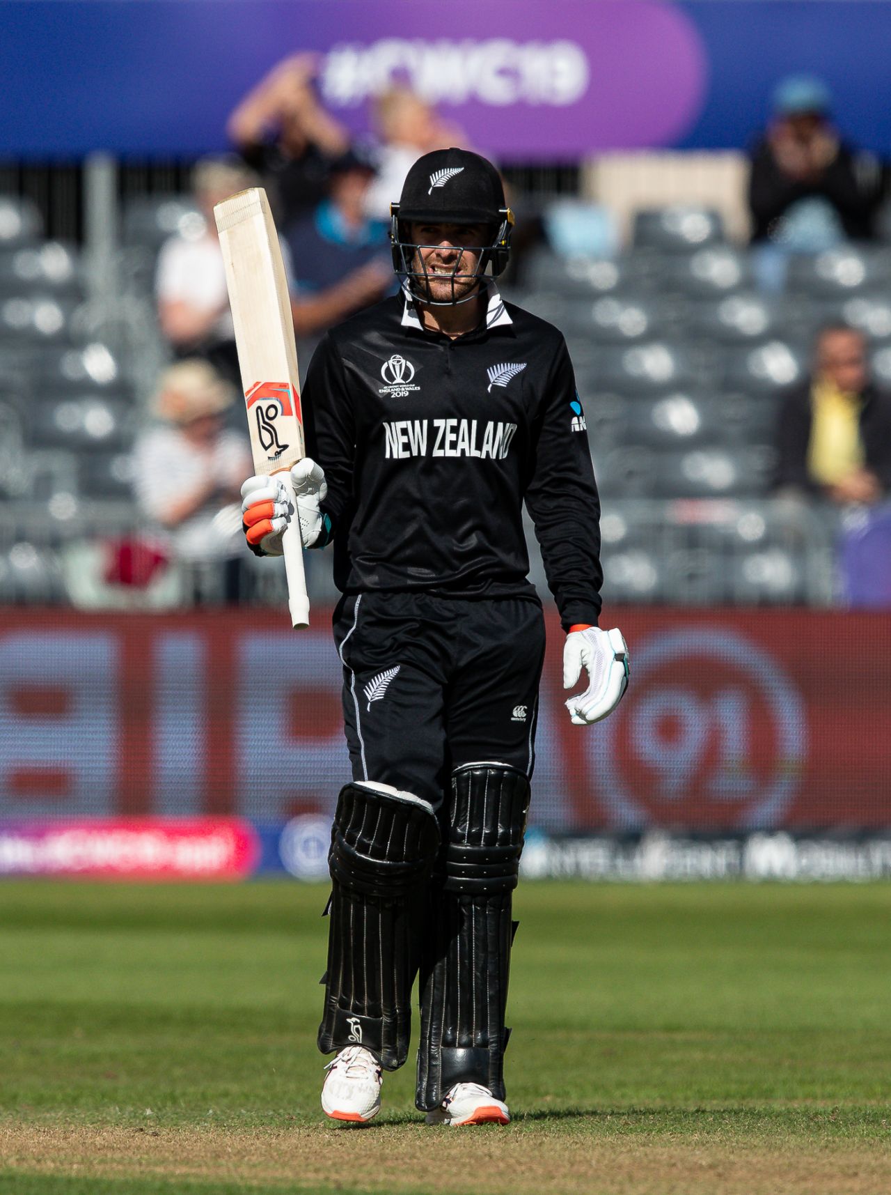 Tom Blundell raises his bat after crossing a half-century, New Zealand v West Indies, ICC World Cup warm-up, Bristol, May 28, 2019