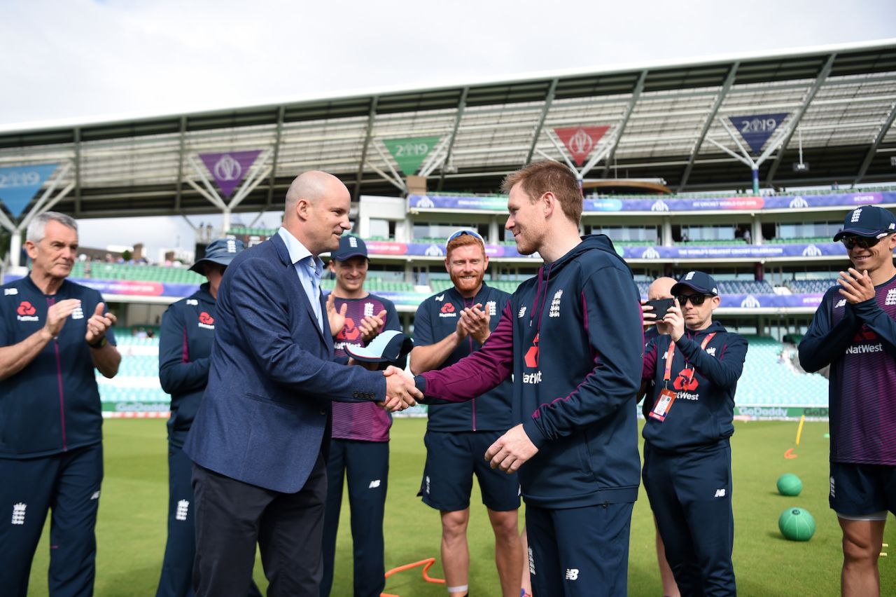 Eoin Morgan is presented his 200th ODI cap for England by Andrew Strauss, England v South Africa, World Cup 2019, The Oval, May 30, 2019