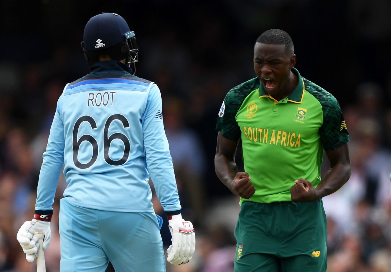 Kagiso Rabada celebrates Joe Root's dismissal, England v South Africa, World Cup 2019, The Oval, May 30, 2019