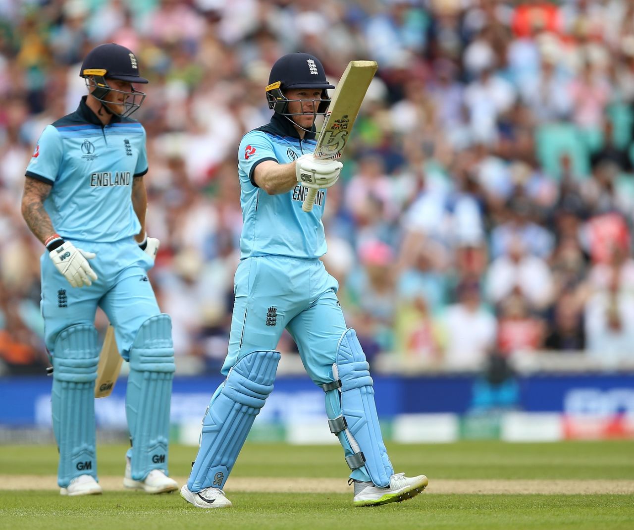 Eoin Morgan celebrates his fifty, England v South Africa, World Cup 2019, The Oval, May 30, 2019