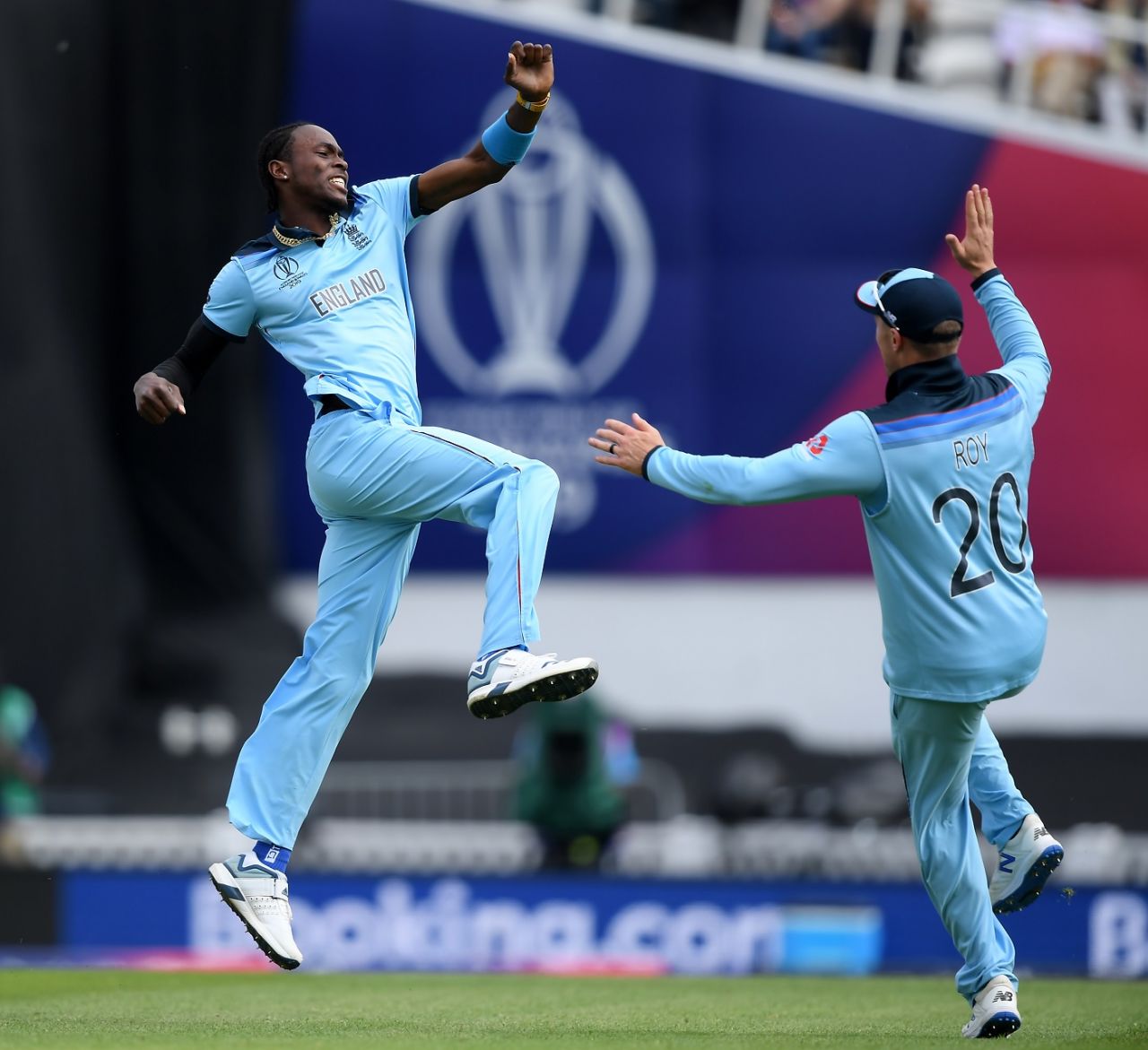 Jofra Archer celebrates Aiden Markram's wicket with Jason Roy, England v South Africa, World Cup 2019, The Oval, May 30, 2019