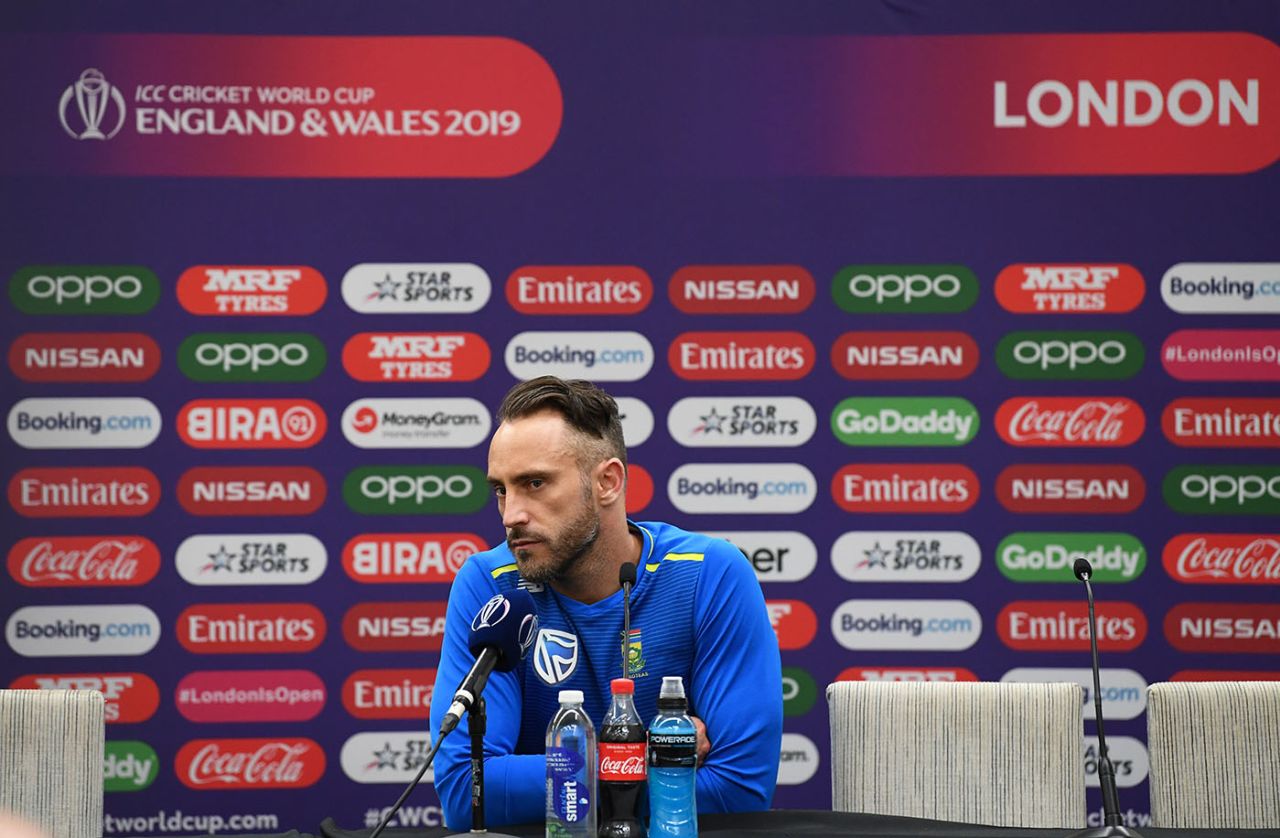 Faf Du Plessis addresses the media during the Group Stage match of the ICC Cricket World Cup 201, England and South Africa, The Oval on May 30, 2019