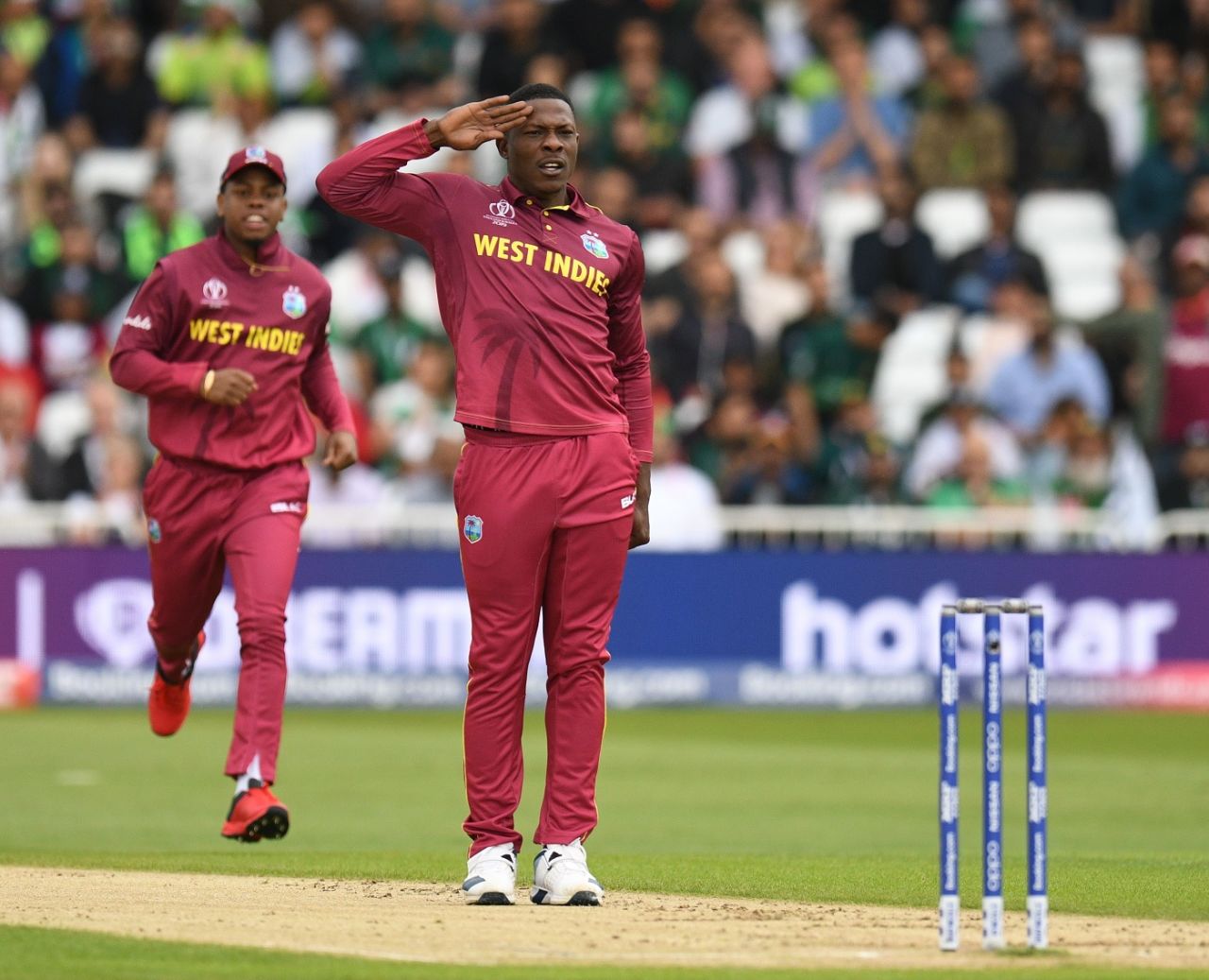 Sheldon Cottrell does his salute celebration after dismissing Imam-ul-Haq, Pakistan v West Indies, World Cup 2019, Trent Bridge, May 31, 2019