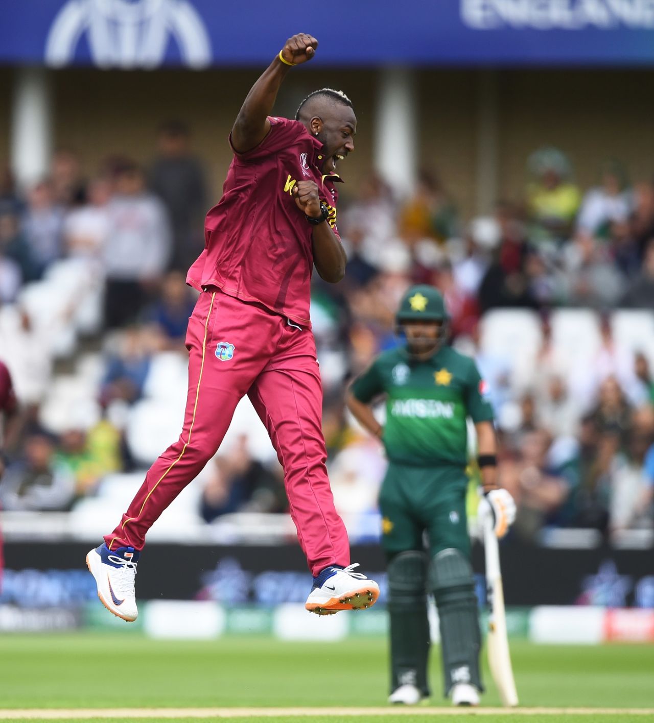 Andre Russell celebrates Fakhar Zaman's wicket, Pakistan v West Indies, World Cup 2019, Trent Bridge, May 31, 2019