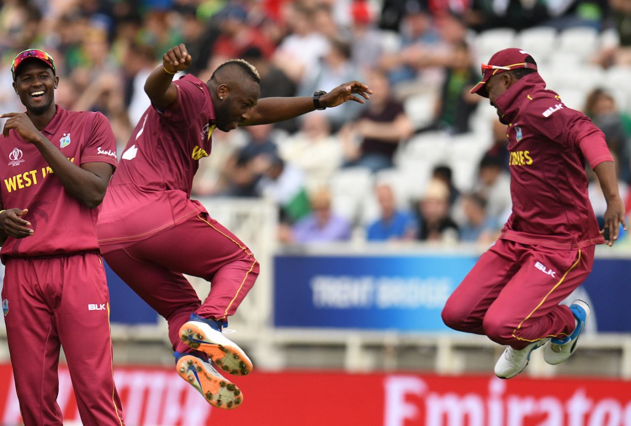 Jason Holder has a laugh as Andre Russell and Darren Bravo have some fun, Pakistan v West Indies, World Cup 2019, Trent Bridge, May 31, 2019