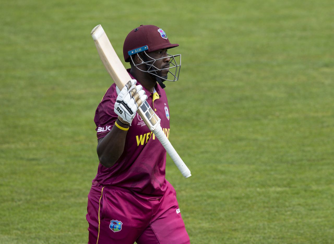 Andre Russell acknowledges the applause at the end of his innings, World Cup 2019 Warm Up match, West Indies v New Zealand, Bristol County Ground, Bristol, England, May 28, 2019