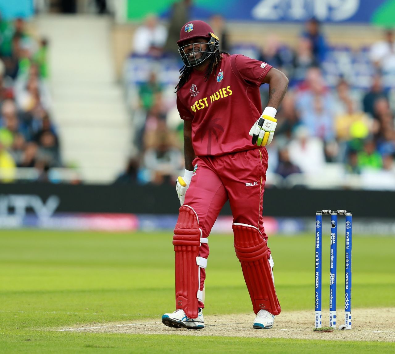 Chris Gayle grimaces after injuring his back, Pakistan v West Indies, World Cup 2019, Trent Bridge, May 31, 2019