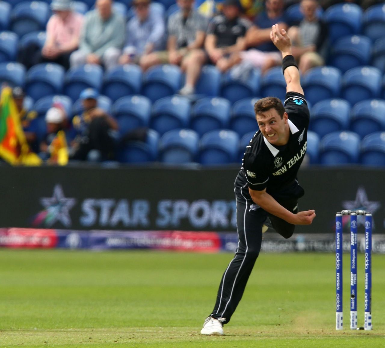 Matt Henry in his delivery follow-through, New Zealand v Sri Lanka, World Cup 2019, Cardiff, June 1, 2019
