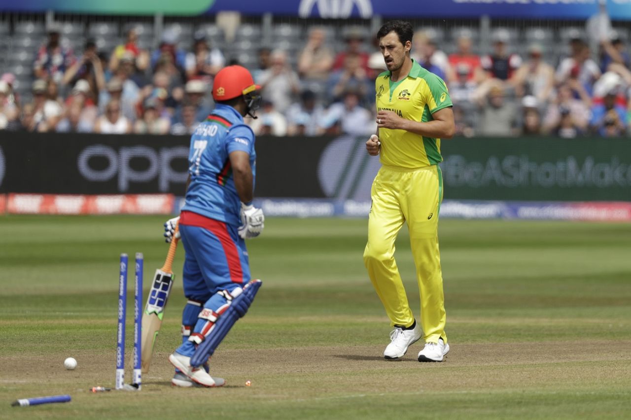 Mohammad Shahzad is bowled by Mitchell Starc, Afghanistan v Australia, World Cup 2019, Bristol, June 1, 2019