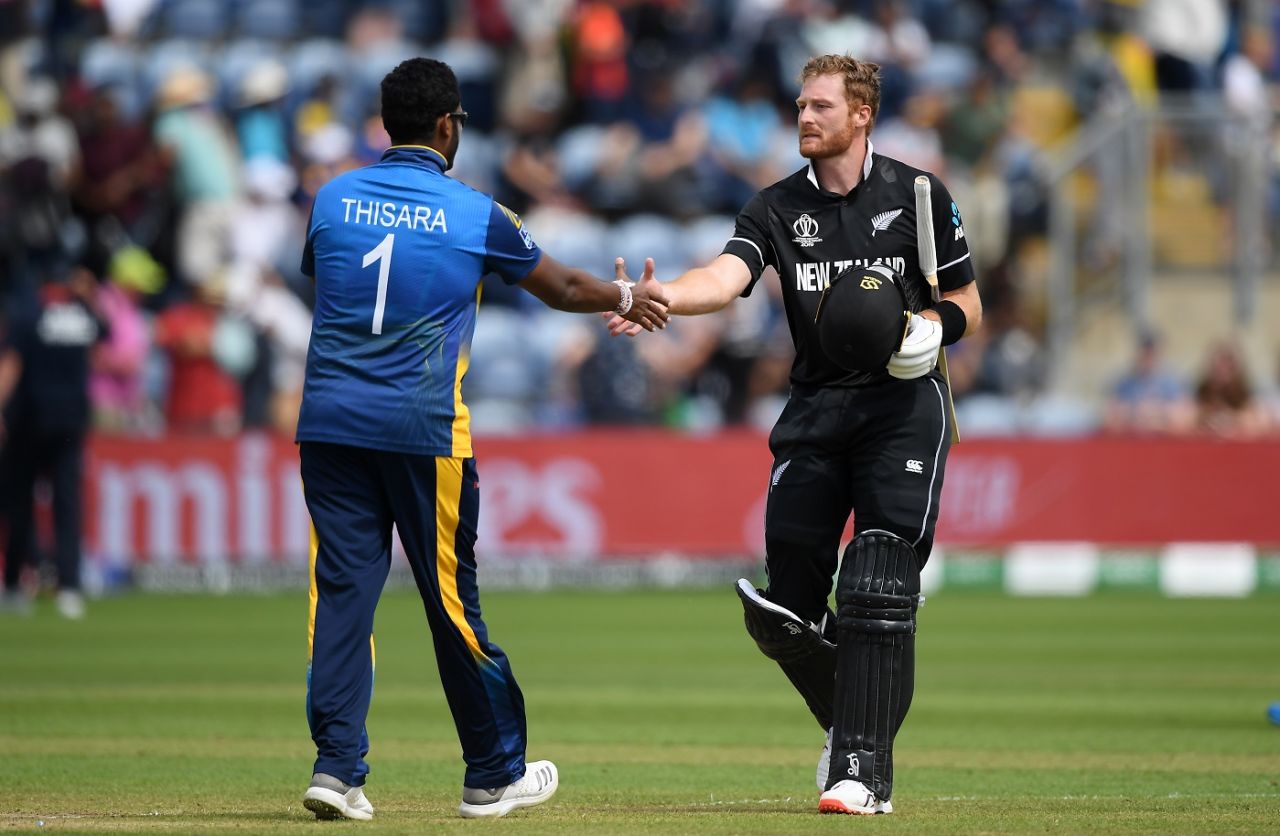 Martin Guptill shakes hands with Thisara Perera, New Zealand v Sri Lanka, World Cup 2019, Cardiff, June 1, 2019