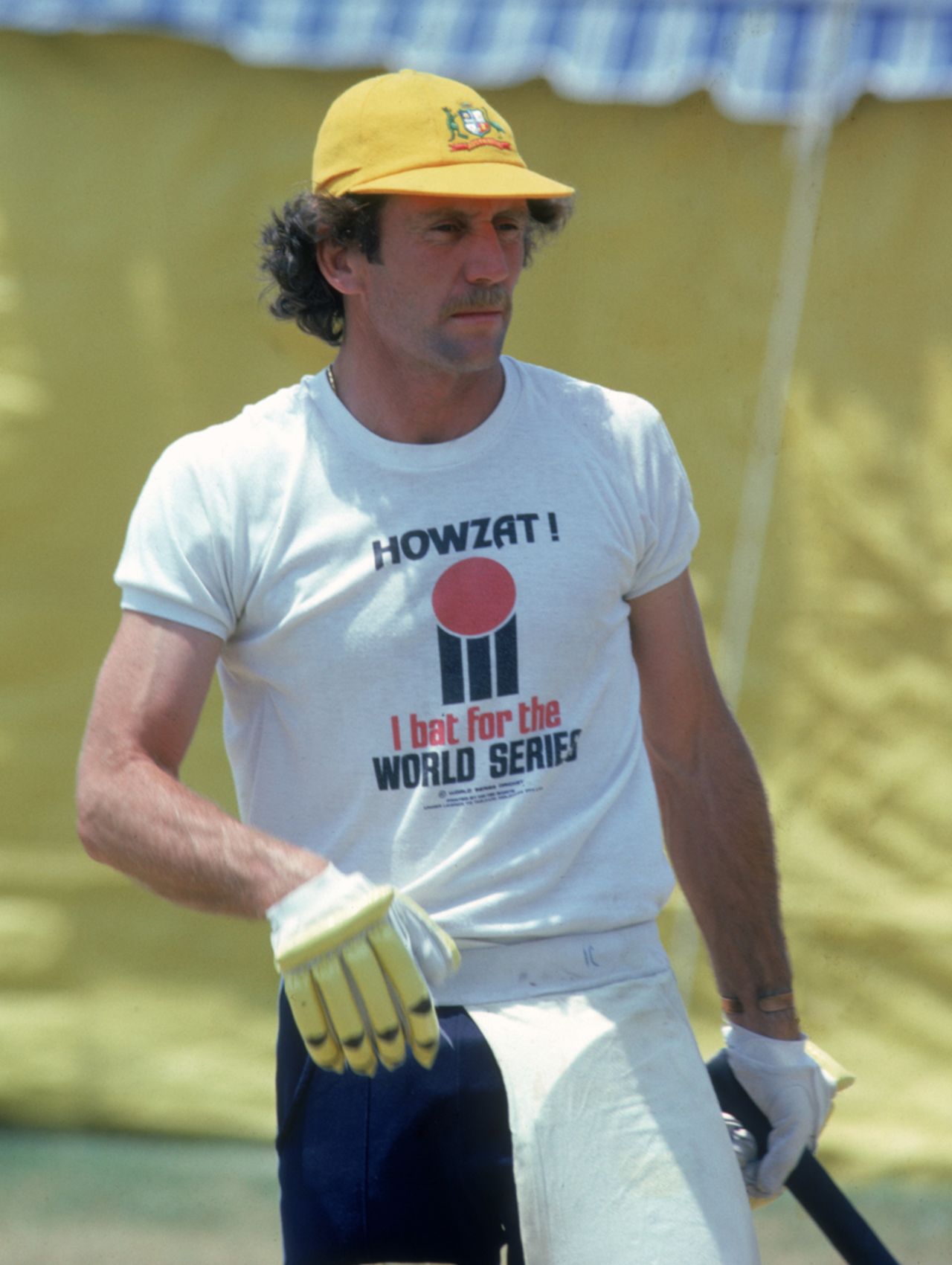 Ian Chappell wearing a World Series t-shirt pads up for a one day international match against the West Indies in Sydney, December 14, 1979