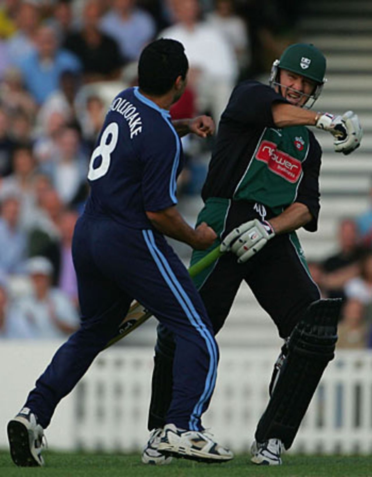 Adam Hollioake has a pretend punch-up with Andy Bichel, Surrey v Worcestershire, Twenty20, The Oval, July 19,2004