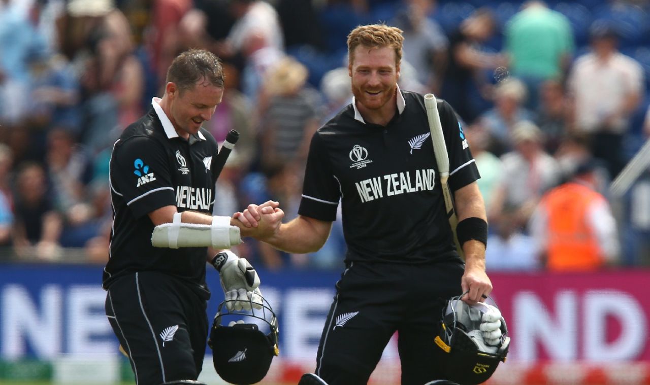 Colin Munro and Martin Guptill celebrate victory in their World Cup opener, New Zealand v Sri Lanka, World Cup 2019, Cardiff, June 1, 2019