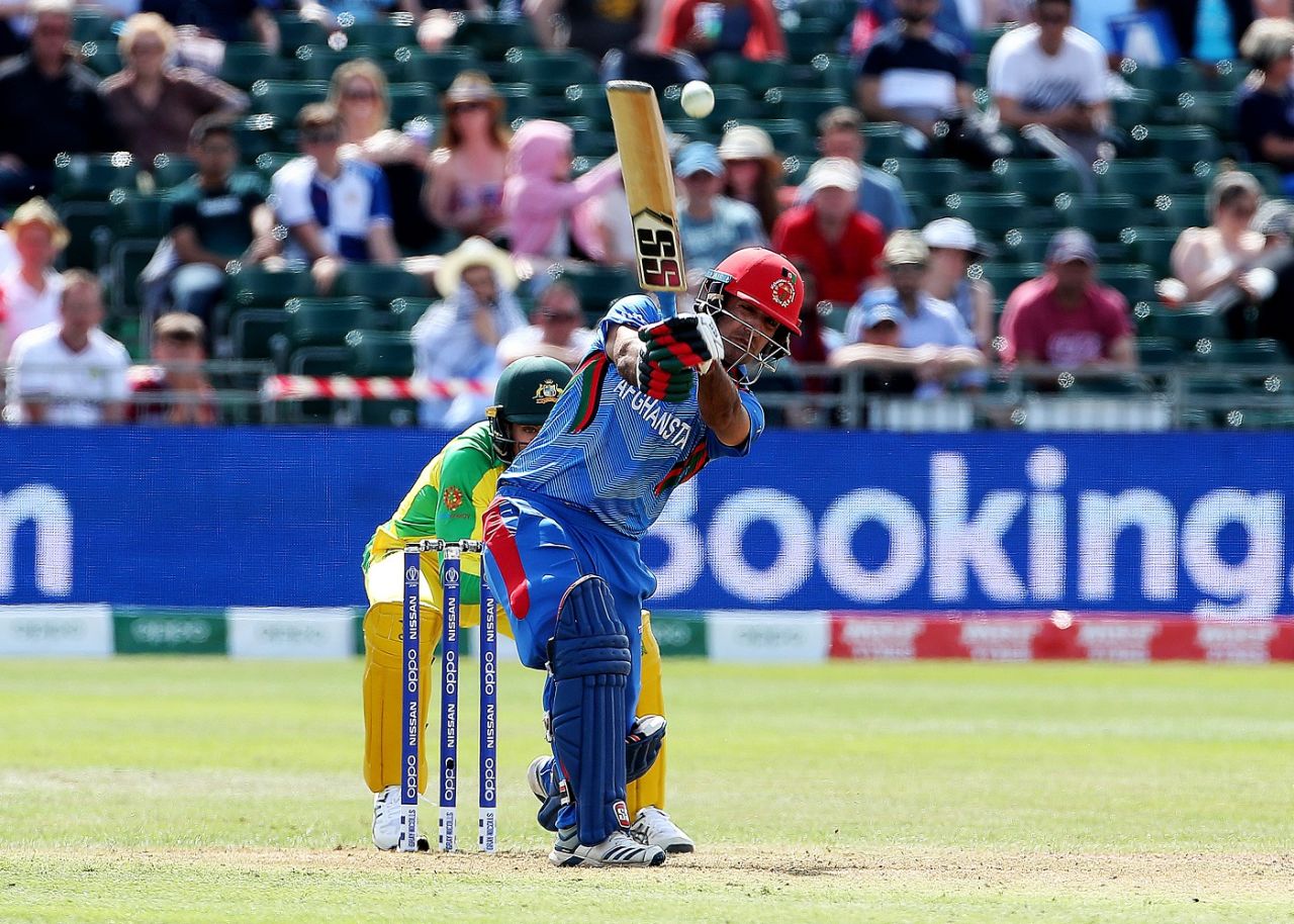 Najibullah Zadran hits down the ground, Afghanistan v Australia, World Cup 2019, Bristol, June 1, 2019
