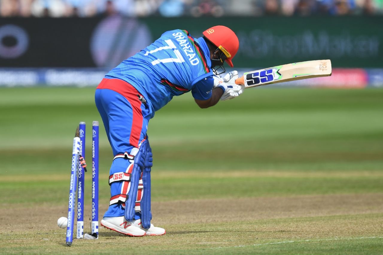 Mohammad Shahzad is bowled, Afghanistan v Australia, World Cup 2019, Bristol, June 1, 2019