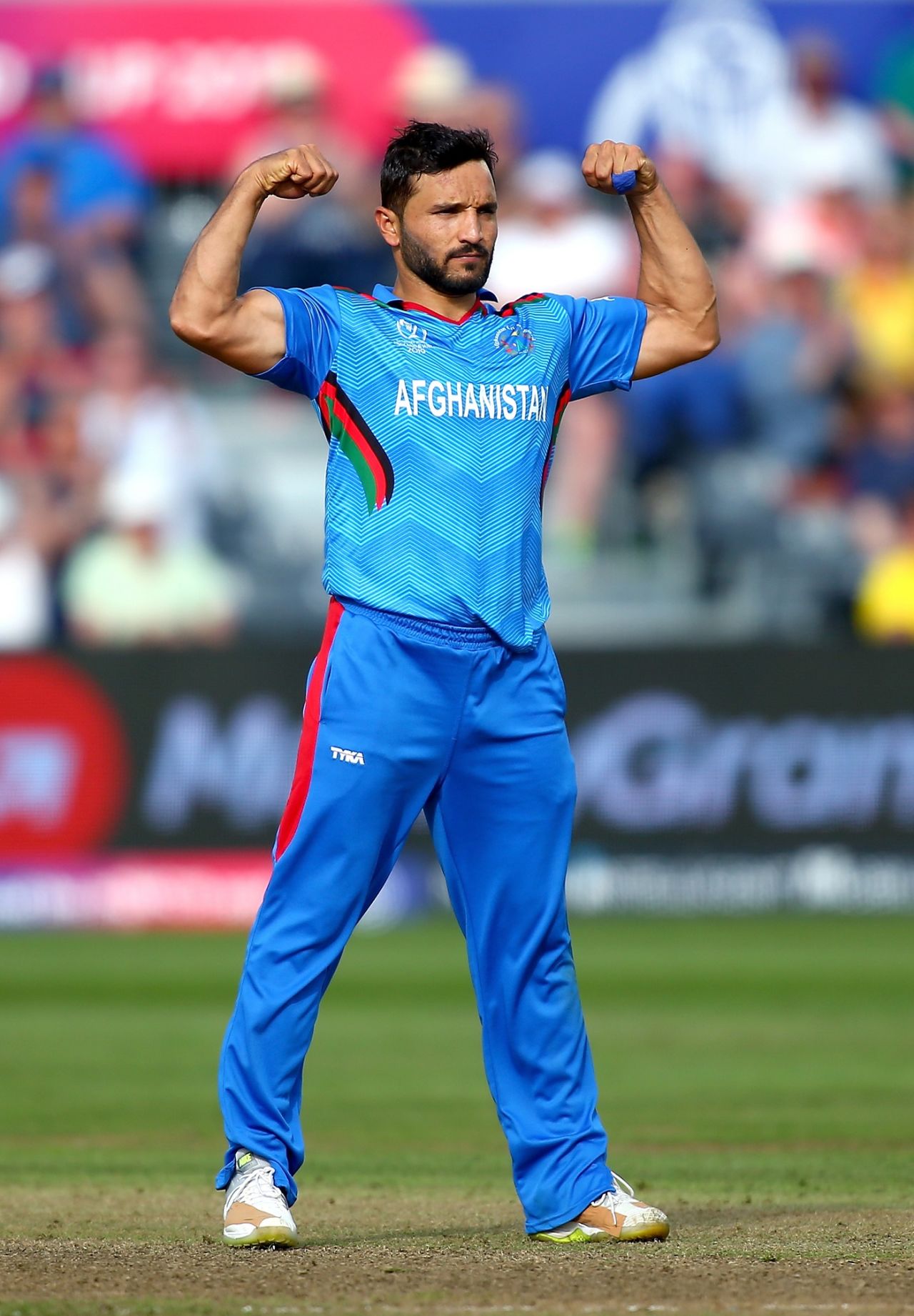 Gulbadin Naib celebrates dismissing Aaron Finch, Afghanistan v Australia, World Cup 2019, Bristol, June 1, 2019