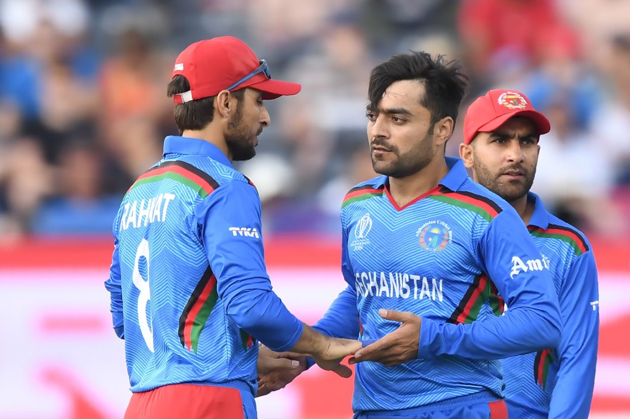 Rashid Khan celebrates trapping Usman Khawaja LBW, Afghanistan v Australia, World Cup 2019, Bristol, June 1, 2019