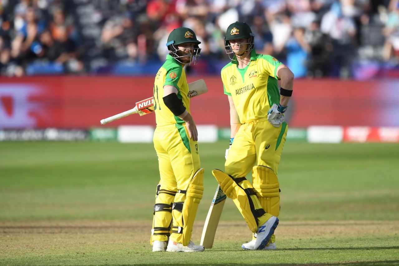 David Warner and Steven Smith in a mid-innings discussion, Afghanistan v Australia, World Cup 2019, Bristol, June 1, 2019