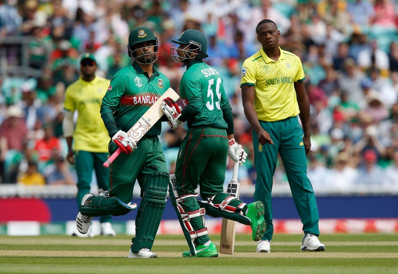 Tamim Iqbal (L) and Soumya Sarkar (C) run between the wickets as Kagiso Rabada (R) looks on, Bangladesh v South Africa, World Cup 2019, The Oval, June 2, 2019