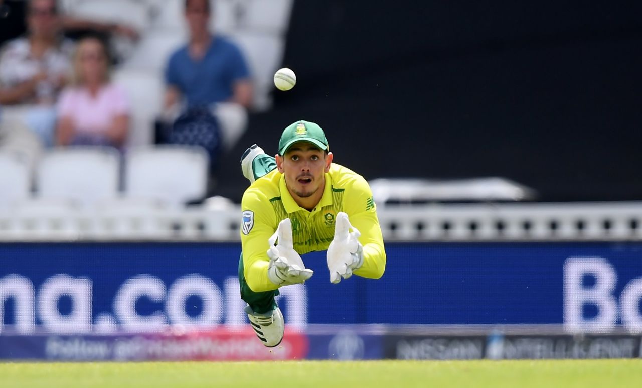 Quinton de Kock dives to take the  catch of Soumya Sarkar, Bangladesh v South Africa, World Cup 2019, The Oval, June 2, 2019