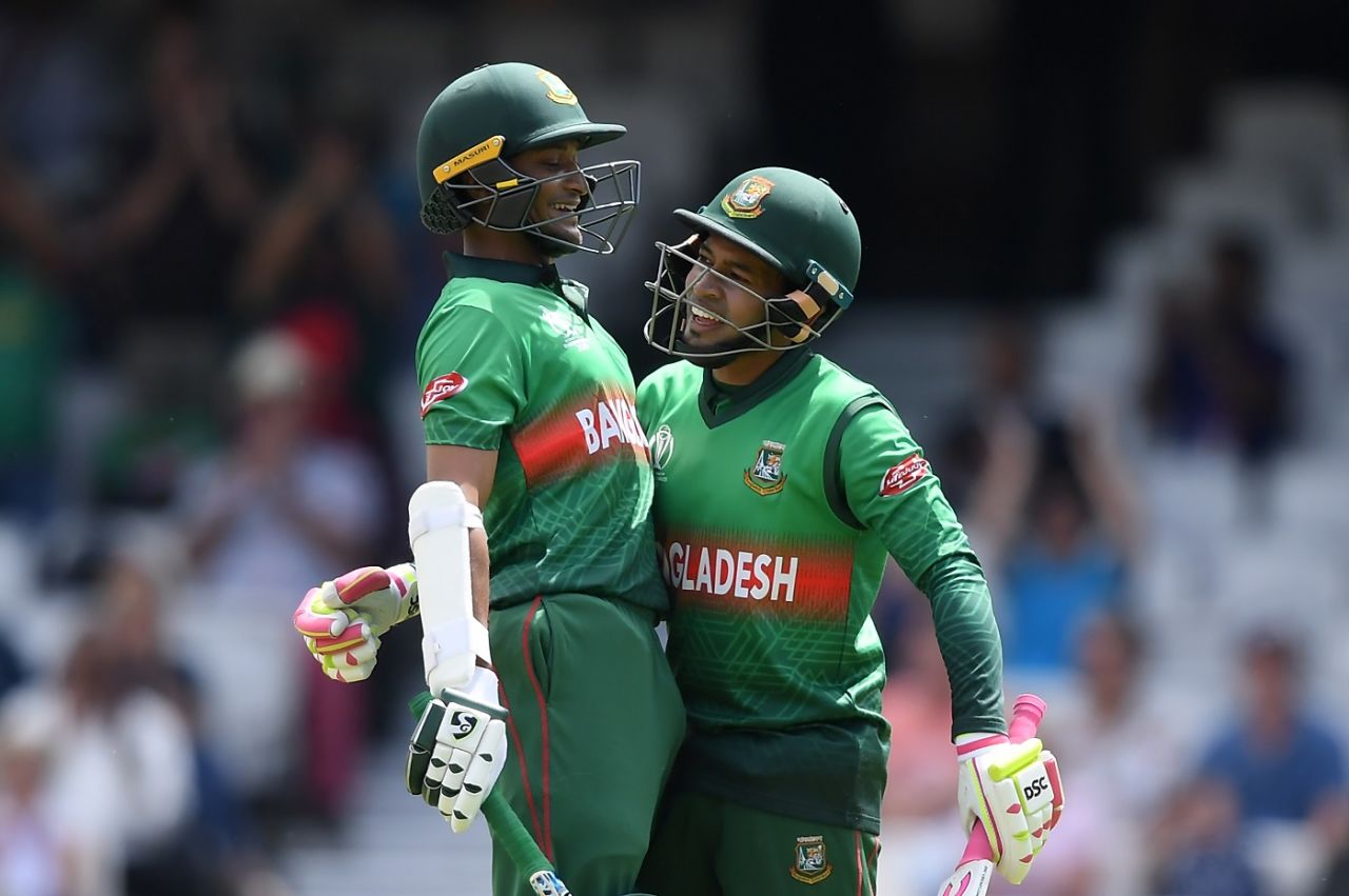  Shakib Al Hasan (L) and Mushfiqur Rahim (R) embrace, Bangladesh v South Africa, World Cup 2019, The Oval, June 2, 2019