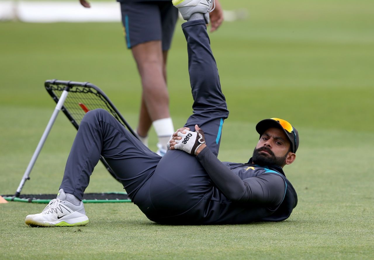 Mohammad Hafeez stretches in training ahead of the match against England, World Cup 2019, Trent Bridge, June 2, 2019