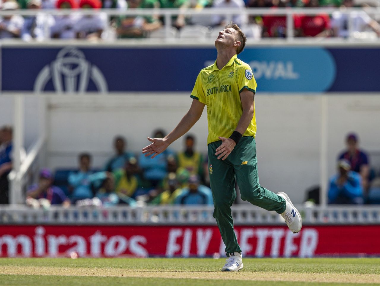 Chris Morris of South Africa despairs after conceding four runs, Bangladesh v South Africa, World Cup 2019, The Oval, June 2, 2019