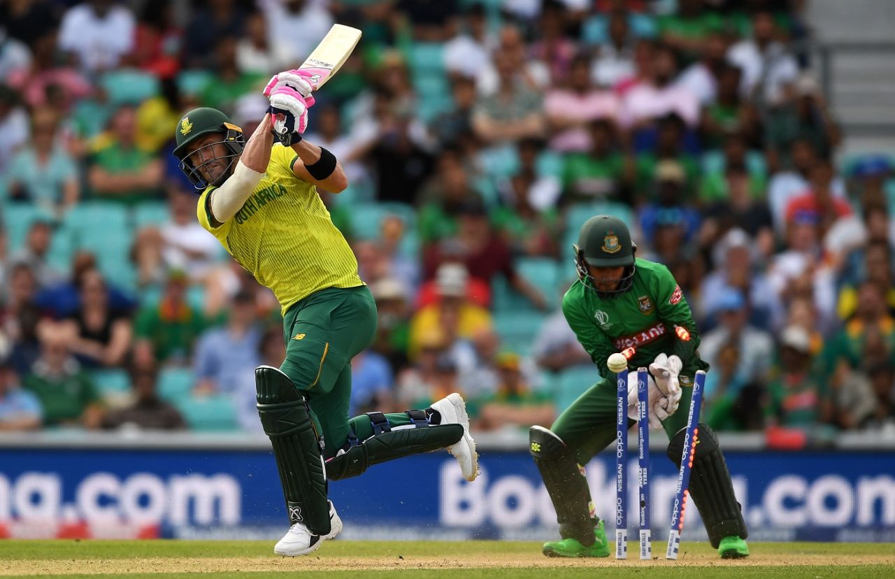 Faf Du Plessis is bowled by Mehidy Hasan as Mushfiqur Rahim looks on, Bangladesh v South Africa, World Cup 2019, The Oval, June 2, 2019