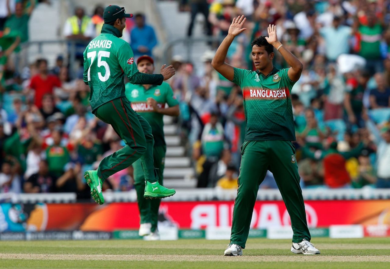 Mohammad Saifuddin celebrates with Shakib Al Hasan after taking Rassi van der Dussen's wicket, Bangladesh v South Africa, World Cup 2019, The Oval, June 2, 2019